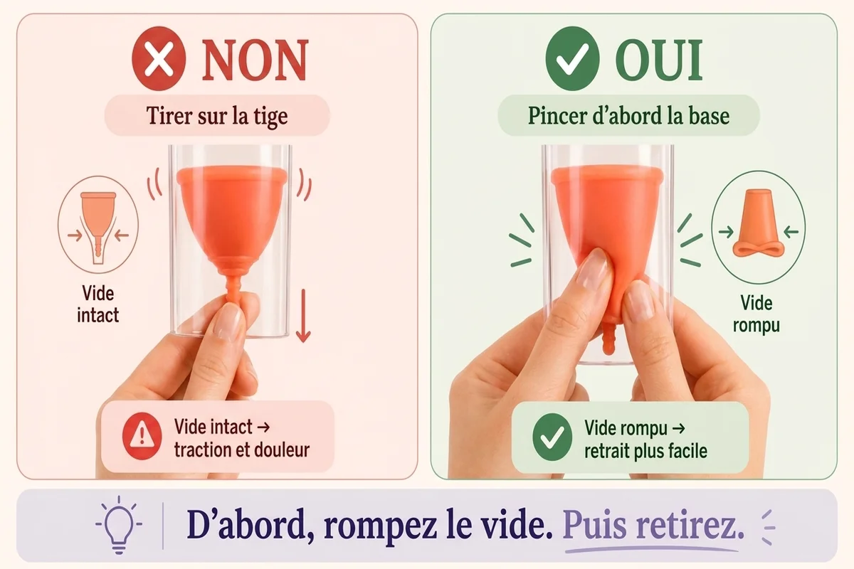 infographie qui explique comment extraire correctement la coupe menstruelle