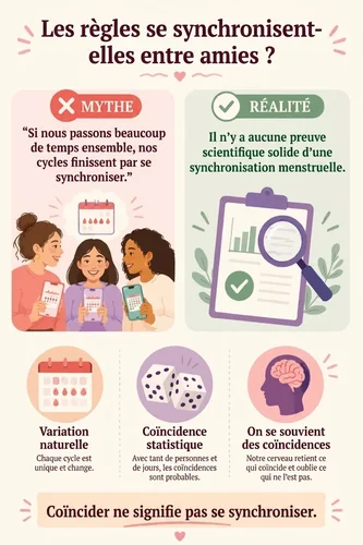infographie qui explique si c'est un mythe ou une vérité que les règles se synchronisent entre amies