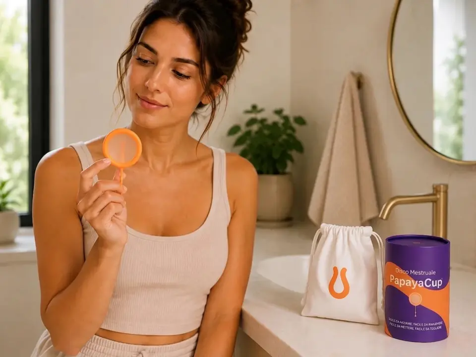 Una donna sorridente tiene e osserva un disco mestruale arancione PapayaCup in un bagno.