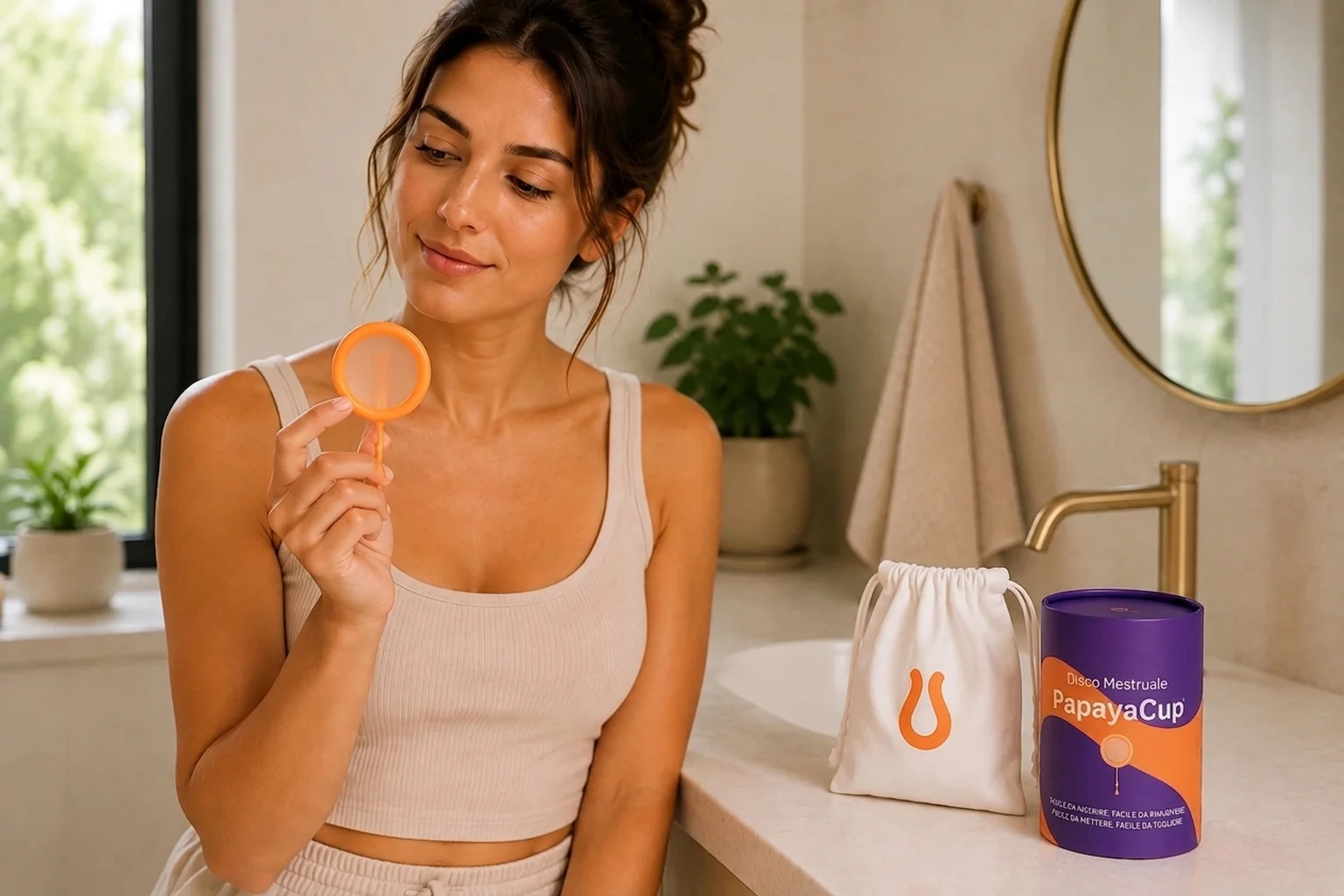Una donna sorridente tiene e osserva un disco mestruale arancione PapayaCup in un bagno.