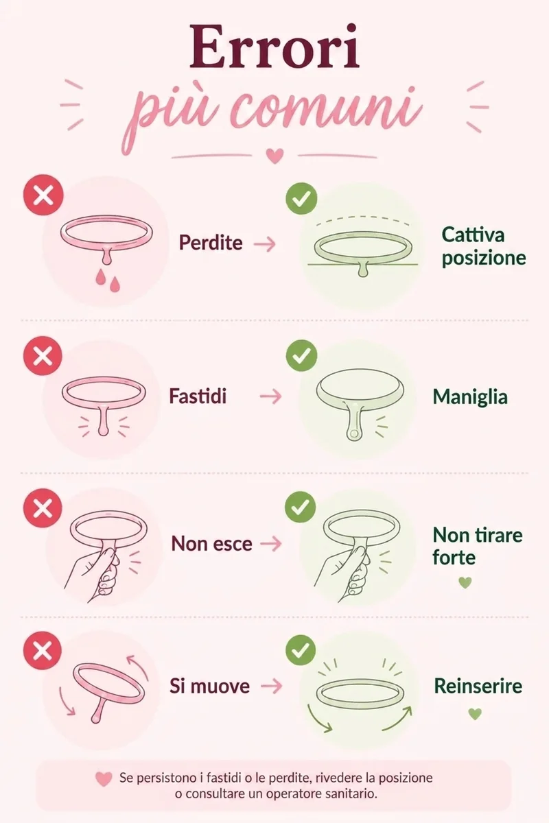 infografica che spiega gli errori comuni nell'inserimento del disco mestruale di papaya cup.