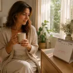 Donna pensierosa con tazza osserva un calendario con marcature rosse, in un ambiente domestico accogliente.