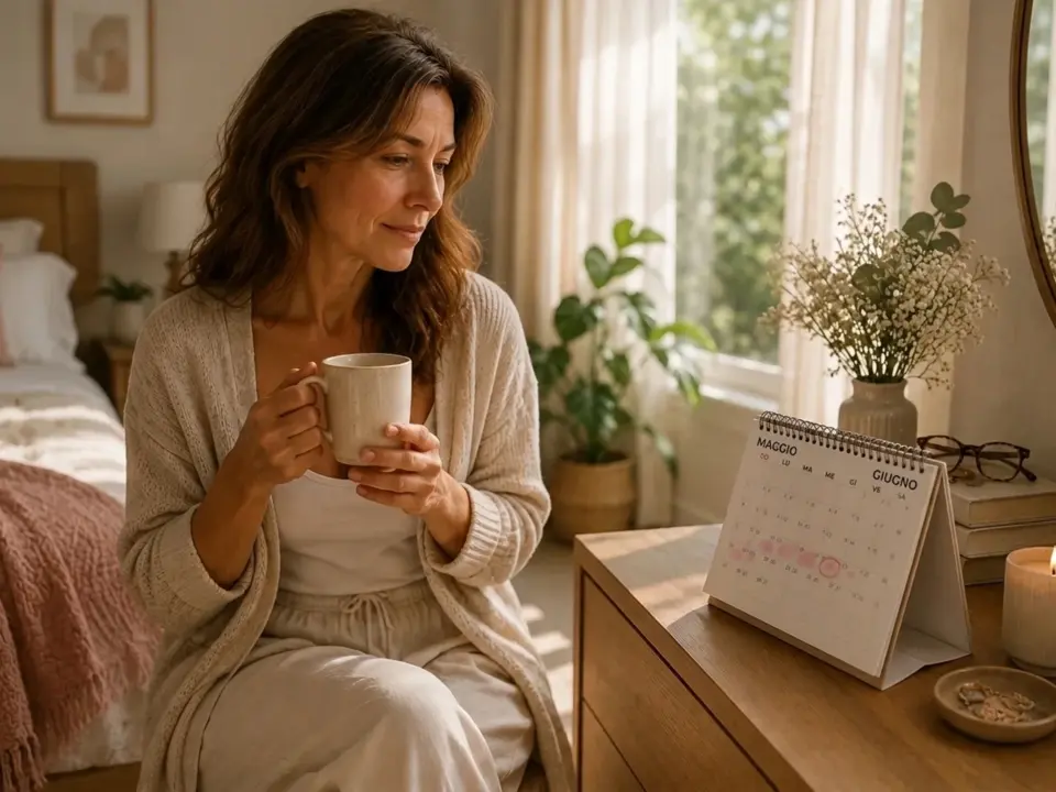 Donna pensierosa con tazza osserva un calendario con marcature rosse, in un ambiente domestico accogliente.