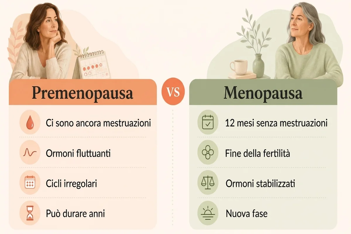 infografica che confronta sintomi di premenopausa vs menopausa