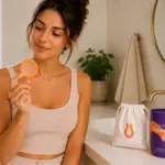Mulher sorridente segura e observa um disco menstrual laranja em um banheiro, com embalagens PapayaCup na bancada.