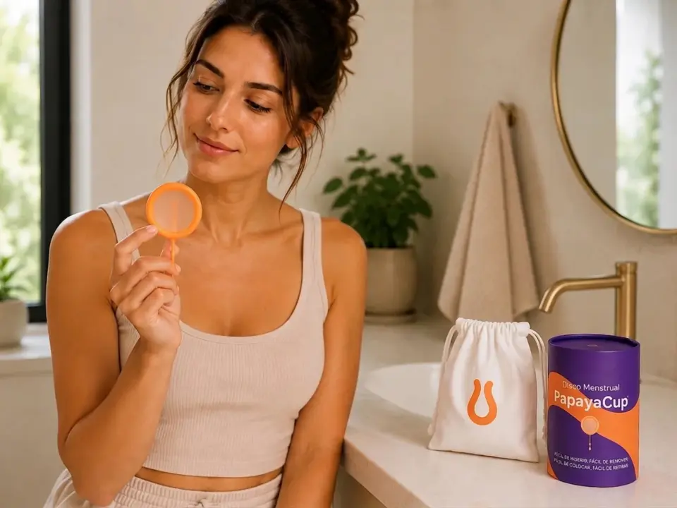 Mulher sorridente segura e observa um disco menstrual laranja em um banheiro, com embalagens PapayaCup na bancada.