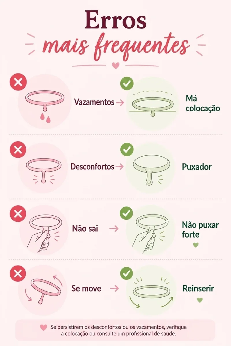 infografia que explica os erros comuns ao colocar o disco menstrual da papaya cup.