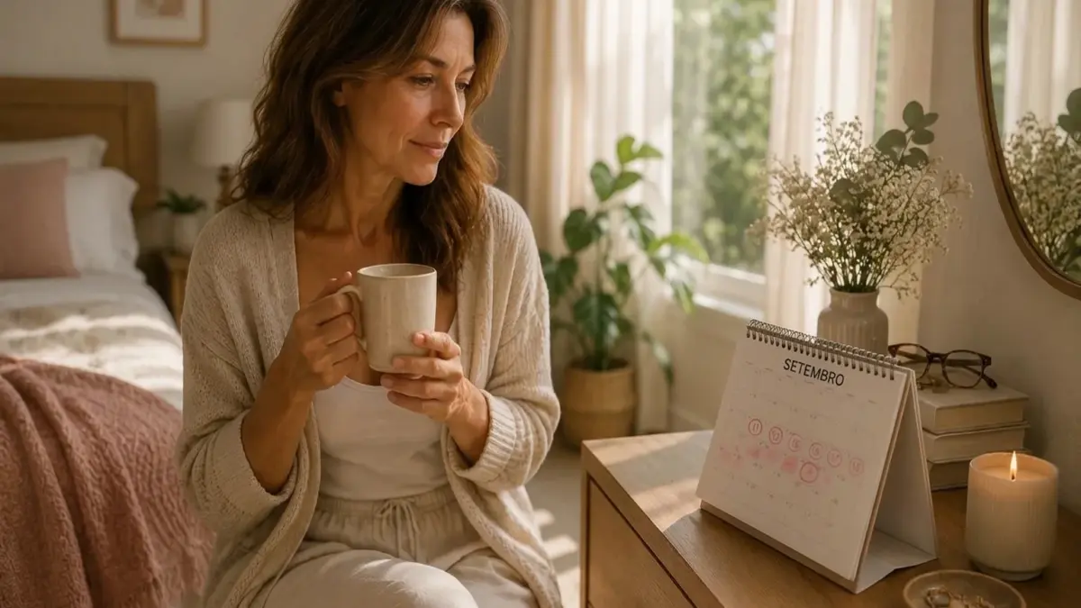 Mulher sentada com uma caneca, olhando pensativa para um calendário de mesa com datas marcadas em um quarto acolhedor.