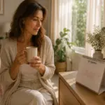 Mulher sentada com uma caneca, olhando pensativa para um calendário de mesa com datas marcadas em um quarto acolhedor.