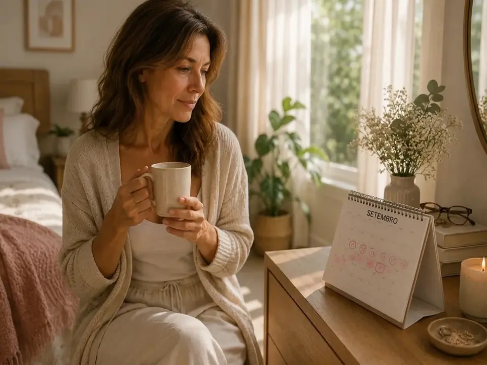 Mulher sentada com uma caneca, olhando pensativa para um calendário de mesa com datas marcadas em um quarto acolhedor.