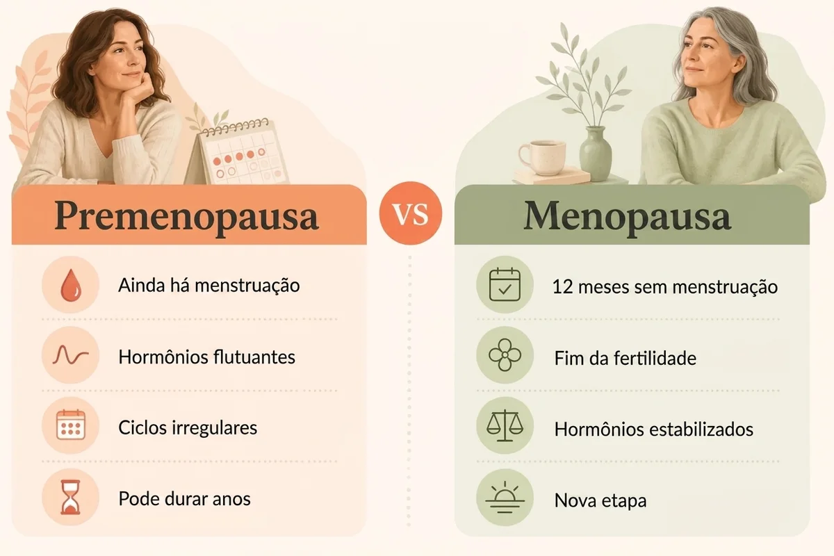 Gráfico comparativo de pré-menopausa (mulher jovem) e menopausa (mulher idosa), listando as características principais.