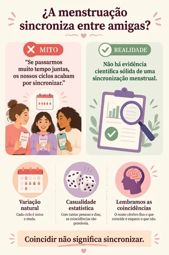 infografia que explica se é mito ou verdade o fato de que a menstruação se sincroniza entre amigas