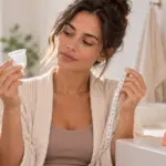 mujer midiendo su copa menstrual en su baño