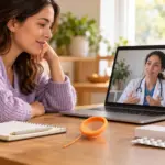 imagen donde se ve a mujer hablando con su ginecologa por videollamada en su ordenador