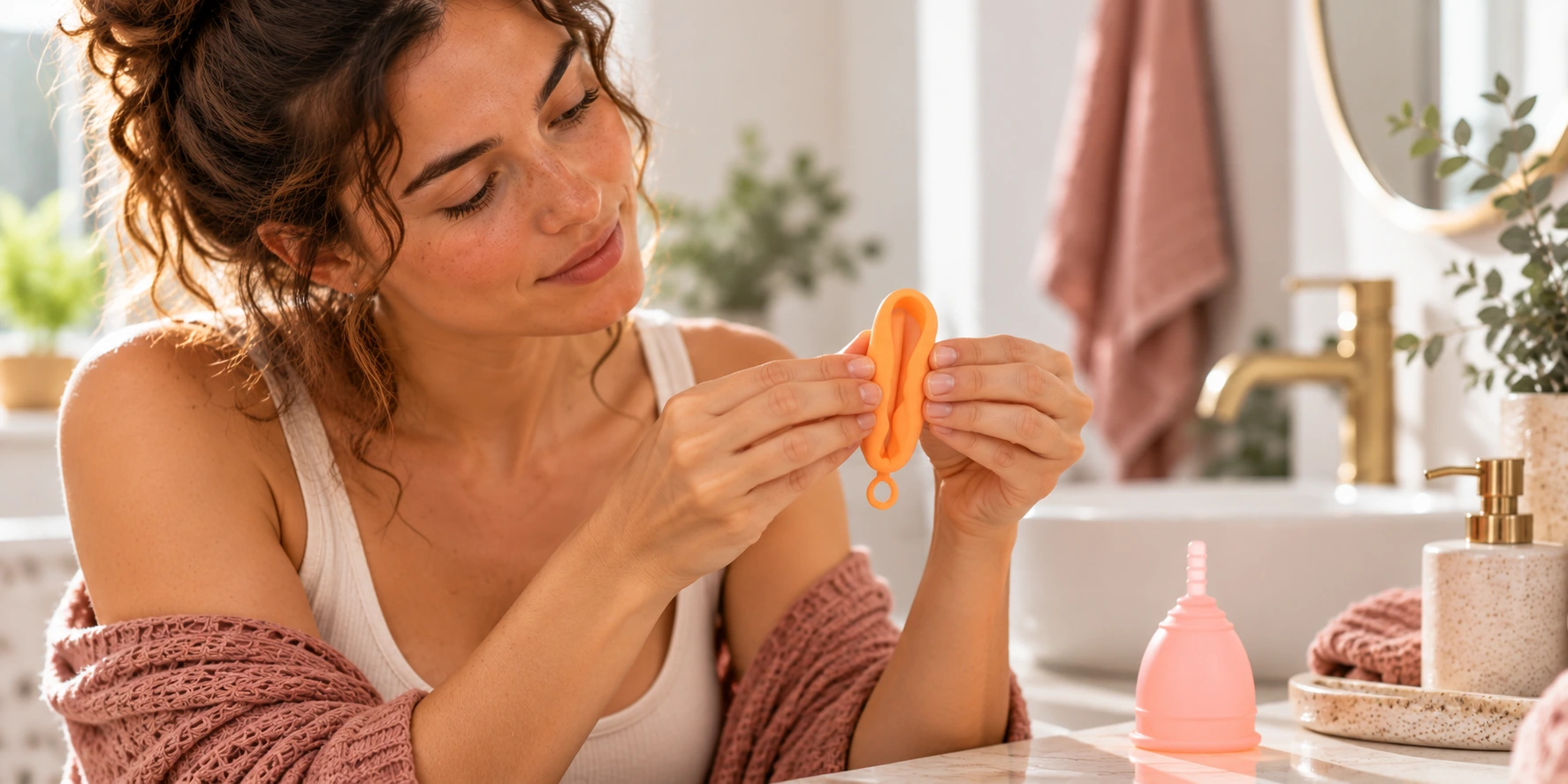 Una donna riccia sorridente guarda e tiene un disco mestruale arancione in un bagno luminoso.
