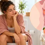 Una mujer de 28-35 años en un baño luminoso, sentada en el inodoro o preparándose tranquilamente para ponerse en cuclillas