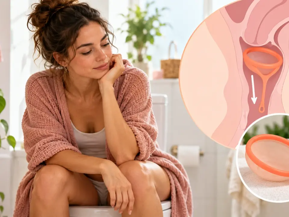 Una mujer de 28-35 años en un baño luminoso, sentada en el inodoro o preparándose tranquilamente para ponerse en cuclillas