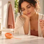 Mujer mirando a un disco menstrual con unas tijeras en la mano
