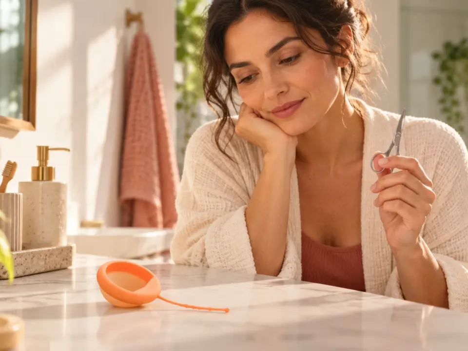 Mujer mirando a un disco menstrual con unas tijeras en la mano