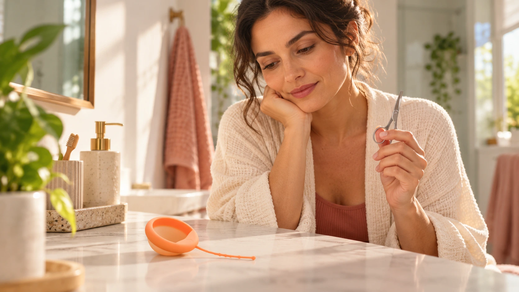 Mujer mirando a un disco menstrual con unas tijeras en la mano