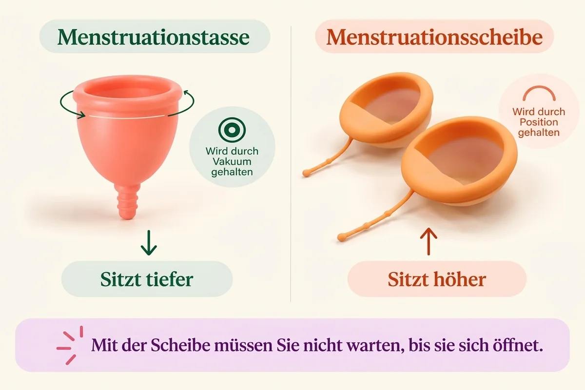 Menstruationsscheibe und Menstruationstasse in einer sehr oberflächlichen Infografik verglichen