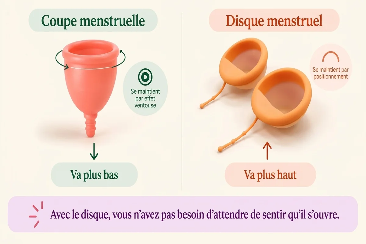 disque menstruel et coupe menstruelle comparés dans une infographie de manière très superficielle